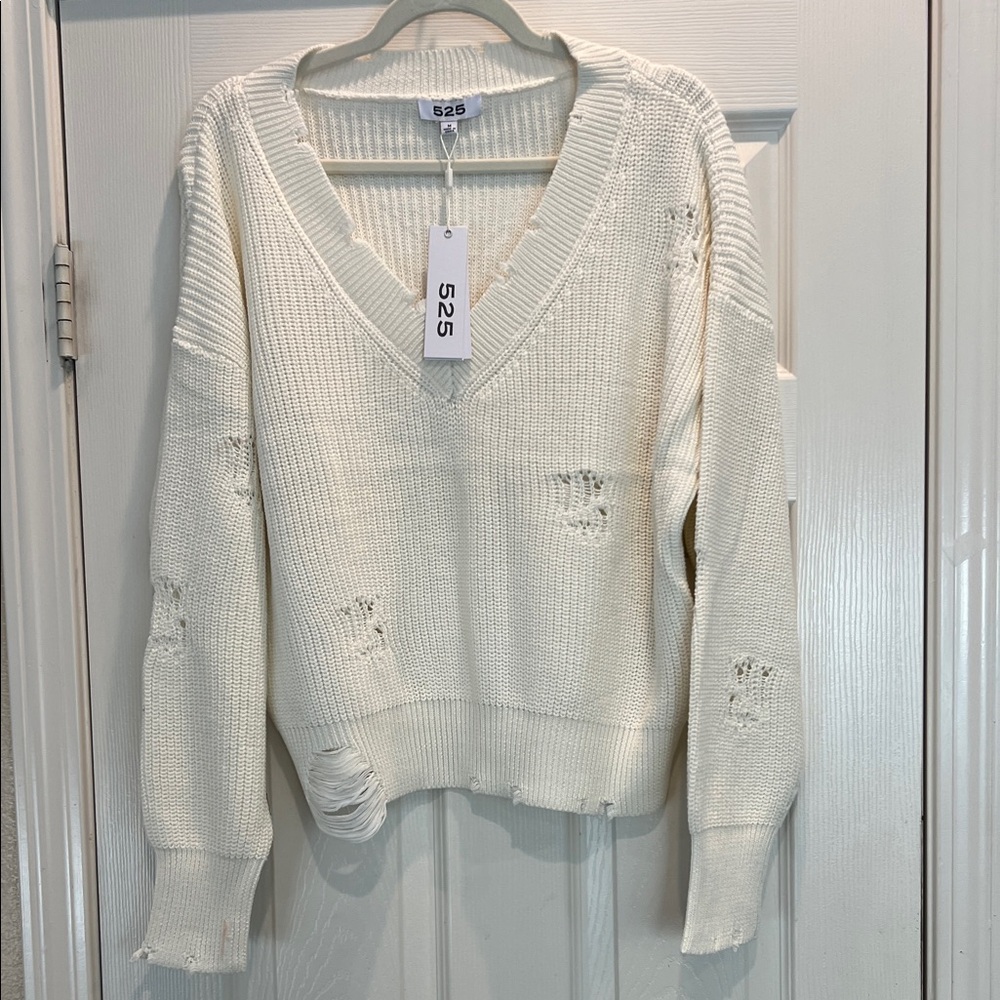 525 America Women's Distressed Cream V-Neck Sweater